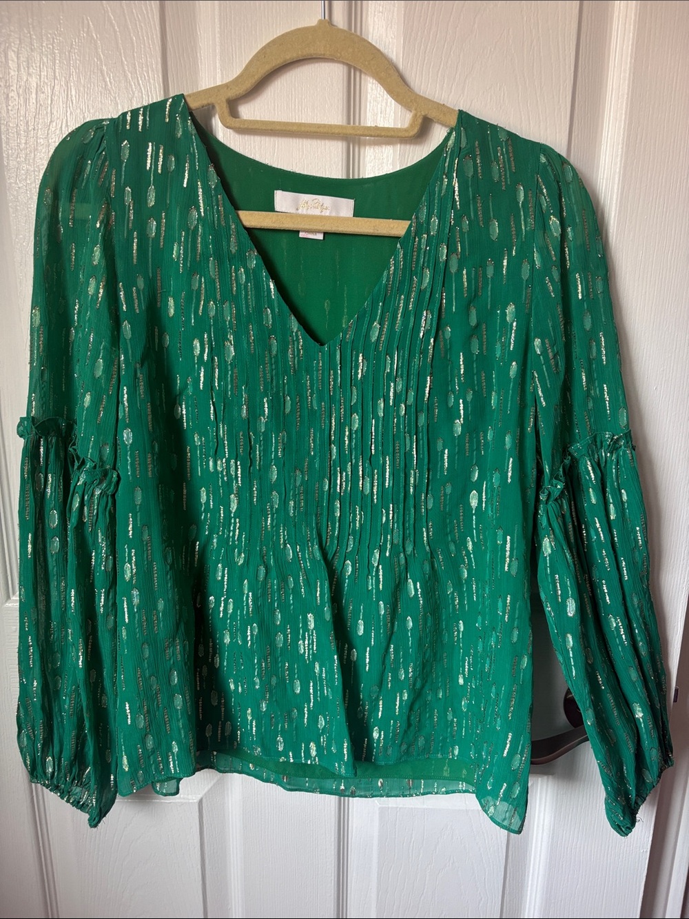 Lilly Pulitzer Emerald Green V-Neck Metallic Dot Blouse